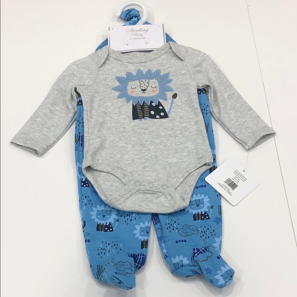 🦁 NWT Sterling Baby 3-Piece Lion Matching Set-Bodysuit Footed Pants Hat 3 Months